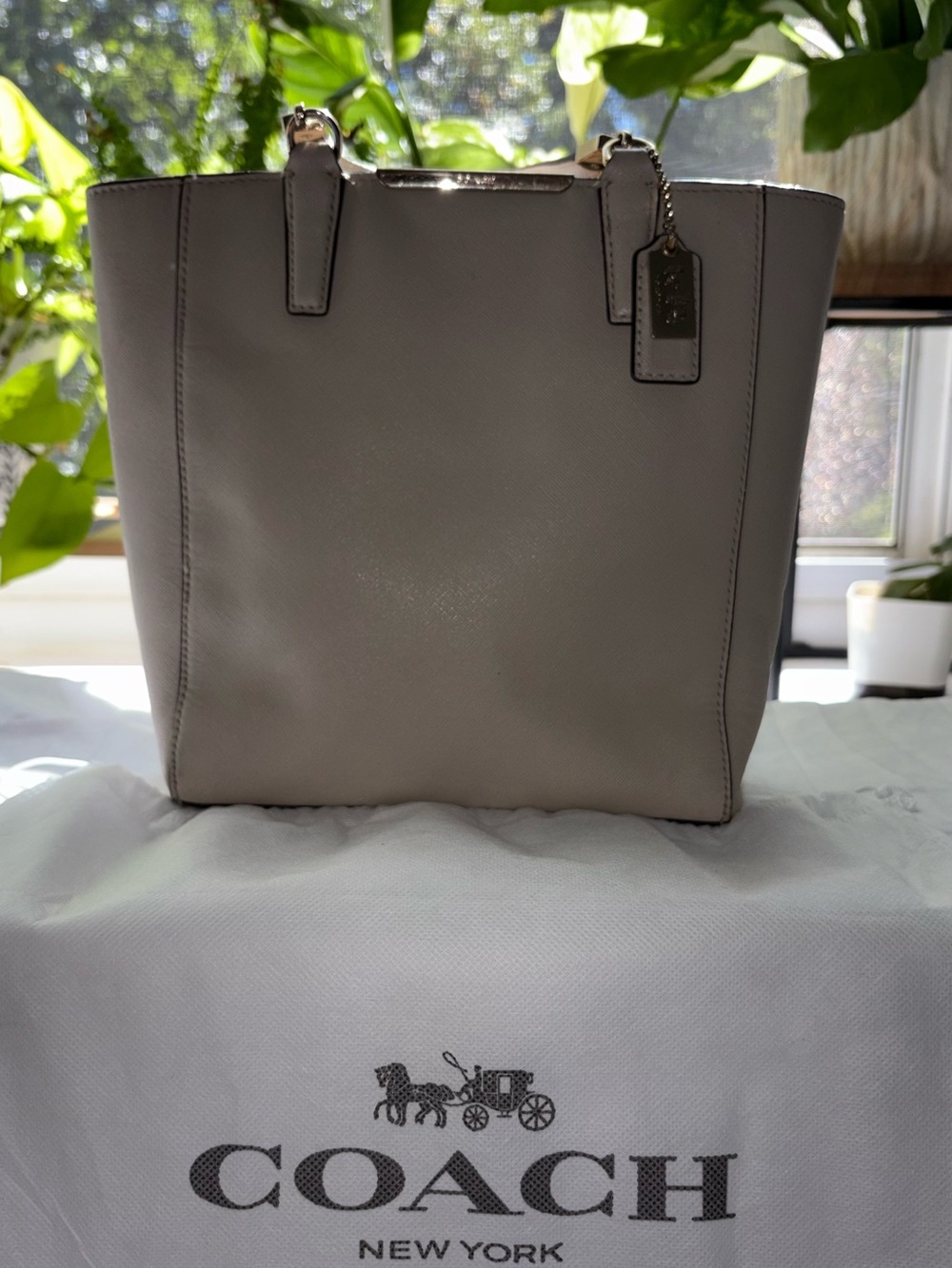 Coach Cream Leather Tote with Signature Tag